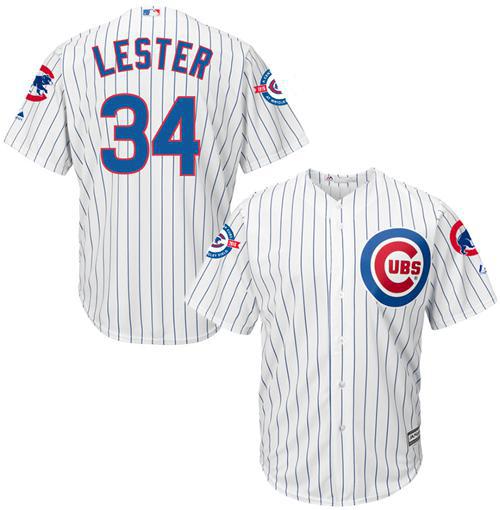 Cubs #34 Jon Lester White Strip New Cool Base with 100 Years at Wrigley Field Commemorative Patch Stitched MLB Jersey - Click Image to Close